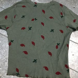 Olive Ribbed Tee with Botanical Print
