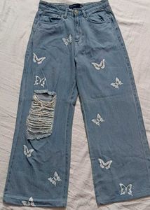 Butterfly Ripped Wide Leg Jeans