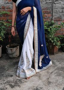 Elegant Blue &amp; White Saree