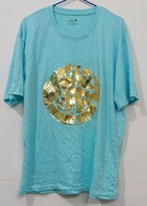Aqua Blue T-Shirt with Metallic Gold Leaf Graphic