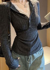 Ribbed Knit Top with Lace Trim