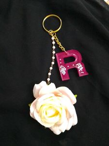 Pink Initial R Floral Keychain