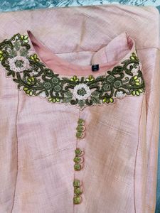 Peach Silk Gown Set with Embroidered Neckline