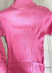 Women Solid High Neck Wool Blend pink T-Shirt