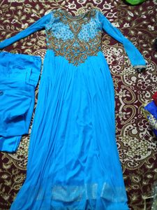Blue Partywear Gown With Dupatta And Pajama