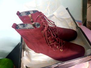 Burgundy Lace-Up Heeled Booties