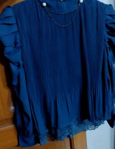 Elegant Blue Blouse with Pearl Detail