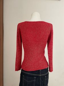 Red V-Neck Long Sleeve Top