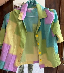 Women Block Cut Away Collar Multicolor Shirt