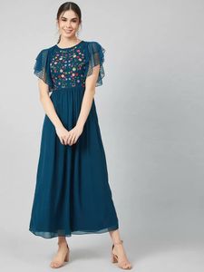 Floral Embroidered Teal Dress