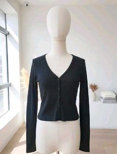 Black Ribbed Button-Down Top