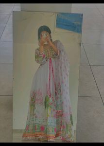 White Printed Anarkali Dress With Dupatta And Pant