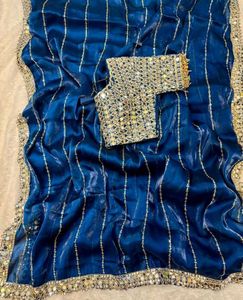 Designer Mirror Work Saree With Stitched Blause