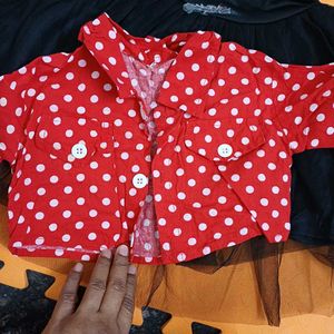Net Frock Cotton Red Jacket_ Polki Dotted