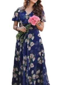 Navy Blue Floral Flare Gown- Size XL