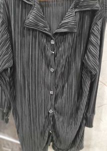 Pleated Black Button-Down Top