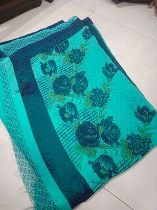 Elegant Teal Floral Print Saree
