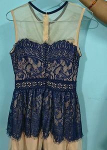 Stylish Lace Overlay Dress – Blue &amp; Nude