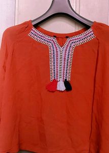 Women Rayon Top With Thread Embroidery Neck