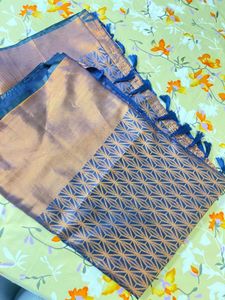 Navy Blue &amp; Gold Copper Mix Sari With Blouse