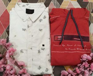 White Floral Print Shirt and red wool tishart with