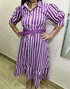 Ankle Length Puff Sleeves Dress With Belt