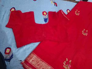 Red Worked Saree With Stitched Blouse