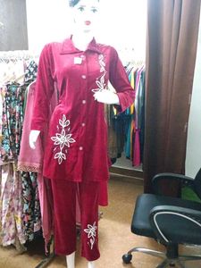 Party Wear Elegant Maroon Velvet Coord Set Suit