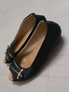 Black Peep-Toe Flats with Gold Accent