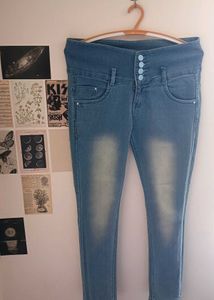Light Blue White Patch Slim Fit Jeans