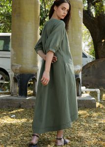 Olive Green Casual Midi Dress, L Size