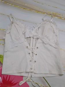 (800)White Lace Trim Corset Top
