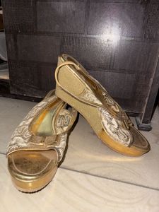 Golden Ethnic Heeled Wedges