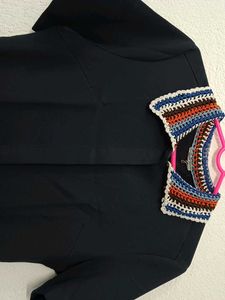 Chic Dark Blue Dress with Crochet Collar