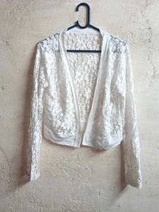 Stylish See-through Lace Crop Shrug White