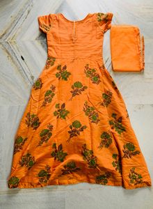 Orange Floral Anarkali Dress with Dupatta