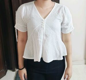 NANING9 Women White V-neck Cotton Peplum Top