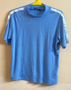 Women Blue Ribbed High Neck Tshirt (XL)