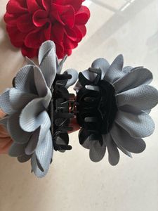Hair Flower Clips - Red &amp; Gray