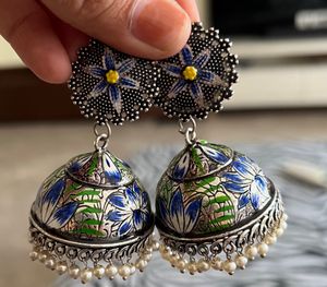 Hand Painted Blue Meenakari Big Jhumka