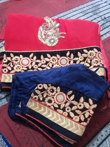 Red Contrast Sari With Ready Blouse