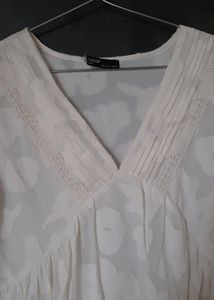 White Organza Flaired Long Top With Full Sleeve