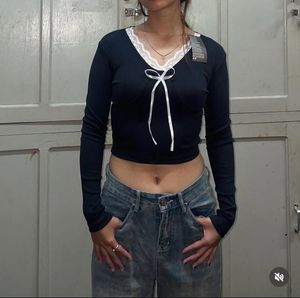 Lace Trim Bow Tie Crop Top