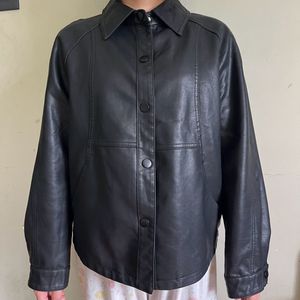 Black Faux Leather Button-Down Jacket