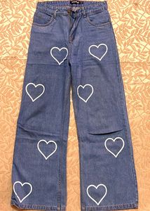 Heart Print Wide Leg Jeans