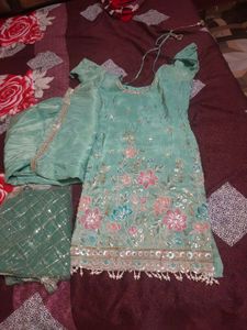Sea Green Embroidered Plazo Suit
