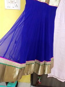 Elegant Blue &amp; Gold Anarkali With Dupatta