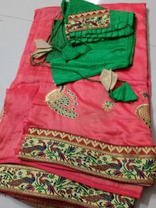 Pink & Green Embroidered Saree