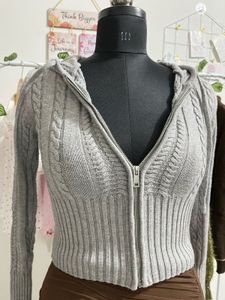 Gray Zip-Up Cable Knit Hoodie