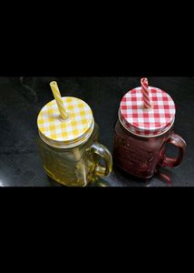 Set of 2 Mason Jar Glass Cups with Straws &amp; Lids
